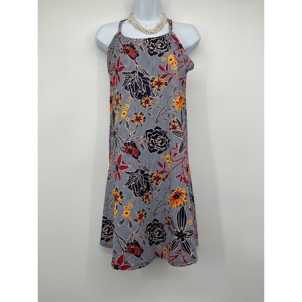 Floral Striped Halter Neck Sleeveless Dress